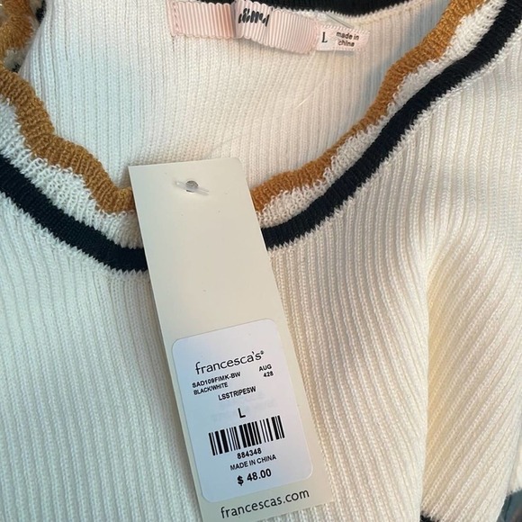 FRANCESCA'S Fitted Striped Sweater Scalloped Edges Cream/Black/Mustard Small - Picture 8 of 8